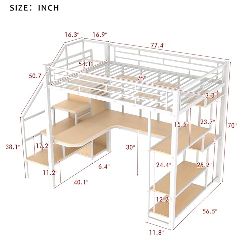Full Size Black Metal Loft Bed with Desk, Wardrobe and Storage Stairs G45431